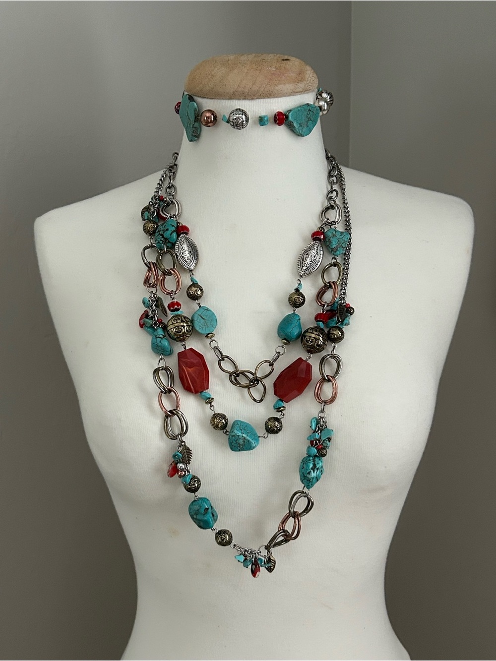 Vintage Turquiose & Red Coral Boho Native Necklaces (2)and Bracelet Set